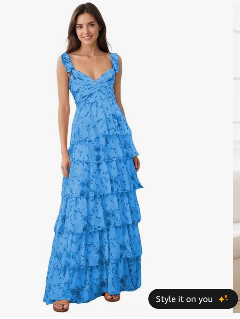 Blue Tiered Maxi Dress with Floral Lace
